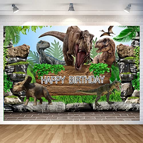 Toile de Fond d'Anniversaire Dinosaure, 150 x 100cm Bannière Photographie, Garçon et Fille, Jungle Dinosaure forêt Sauvage bébé Douche fête, pour Décoration Murale Cover