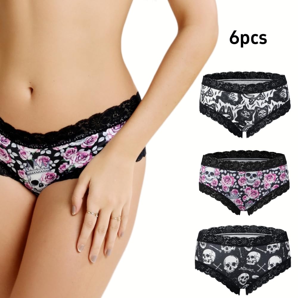 6-Pack Gothic & Cute Cheeky Panties for Women - Skull Lace Underwear Set: Small Multicolor