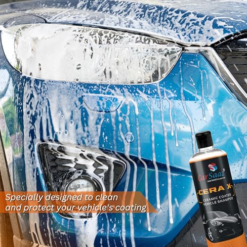 Image of CAR SAAZ Cera X Ceramic Bike & Car Wash Shampoo (1 Litre) with Waterproof Microfiber Mitt Glove | Car Shampoo for CERAMIC Coated Vehicles | pH Neutral, Highly Effective (1000 ml)