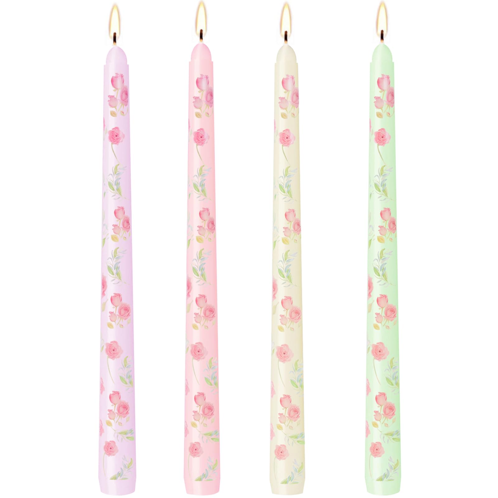 0.87×10 Inch Printed Floral Taper Candles, 4 Pack Unscented and Smokeless Rose Candlesticks, 6 Hours Burning for Home Décor Weddings Dinner Party