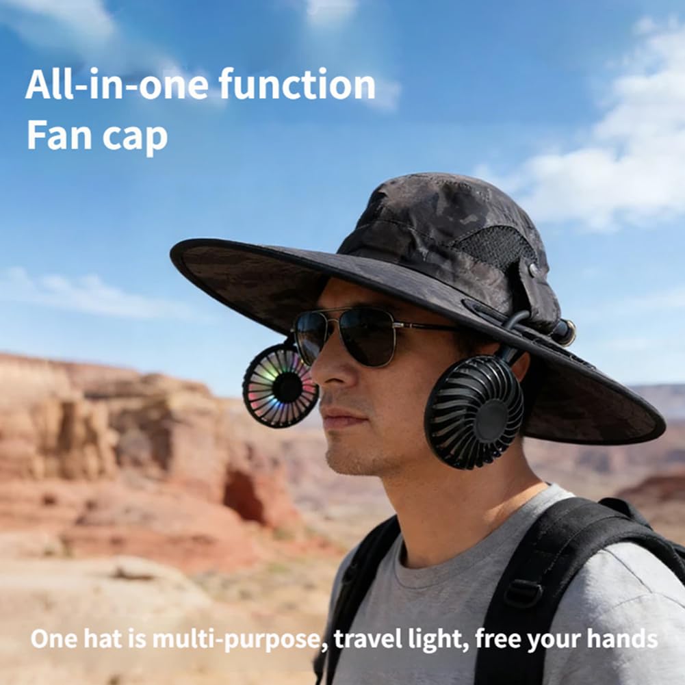 Cappello 2 in 1 a tesa larga UPF 50+, con doppia ventola solare, per pesca, escursionismo, ombrello, per adulti, ricarica USB
