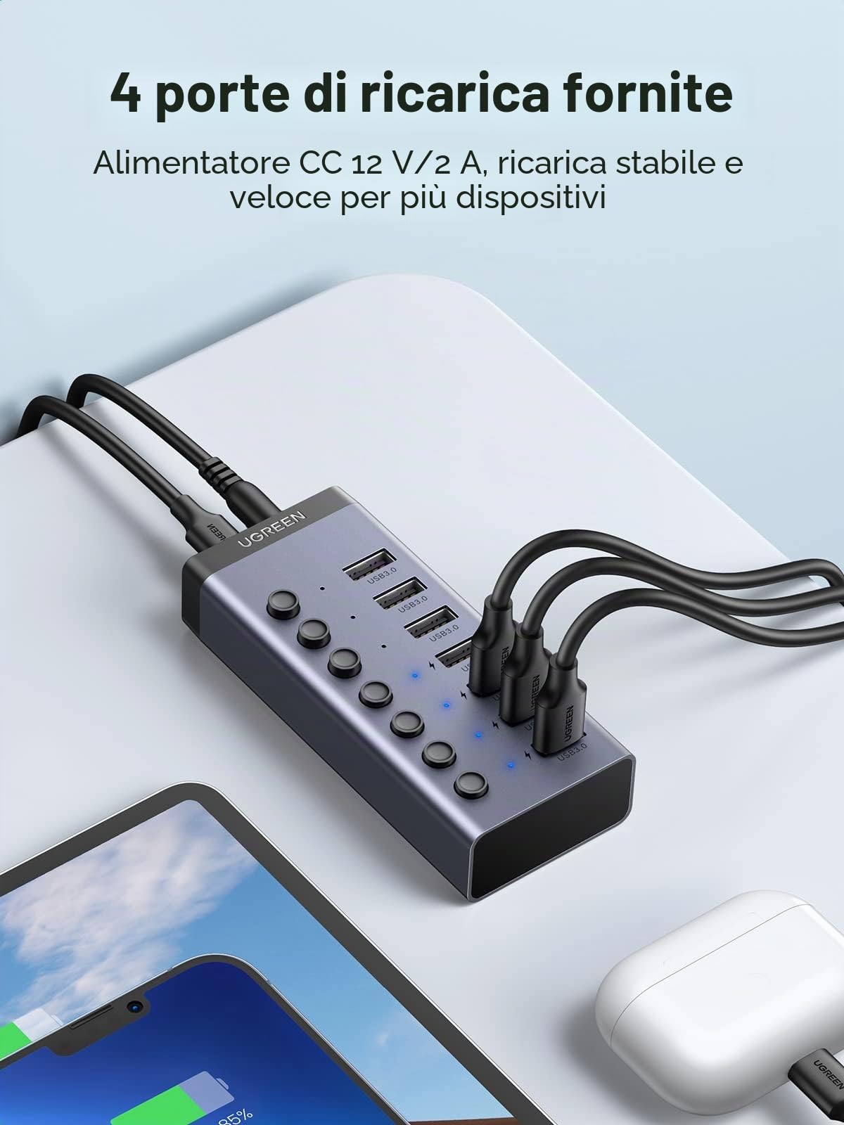 UGREEN Hub USB 3.0 Alimentato, 7 Porte, Interruttori Indipendenti e Alimentatore 24W (12V/2A), Ciabatta USB 3.0 per Ricarica e Trasferimento dati, in Alluminio