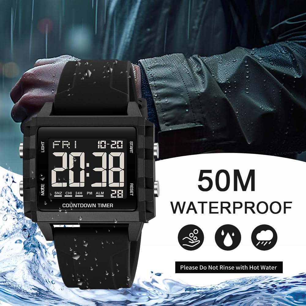 findtime Montre numérique étanche pour homme avec rétroéclairage LED, alarme, chronomètre, compte à rebours