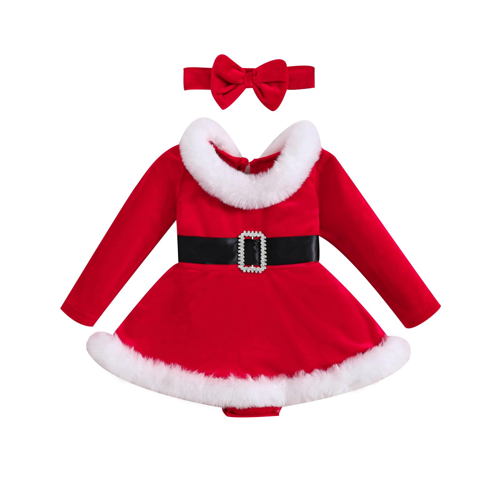 Shejingb Baby Girl Christmas Outfit Newborn Santa Claus Romper Dress Xmas Fleece Princess Dresses with Headband Outfits (Santa Dress Red, 3-6 Months)