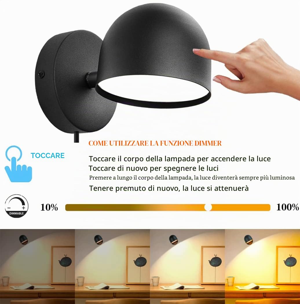12W Applique da Parete con Spina, LED Touch Dimmerabile, 3000K, Nero | Lampada da Parete, Lampada da comodino, Luce da Lettura Orientabile, Cavo 1.8m, Camera da Letto, Soggiorno, Ufficio