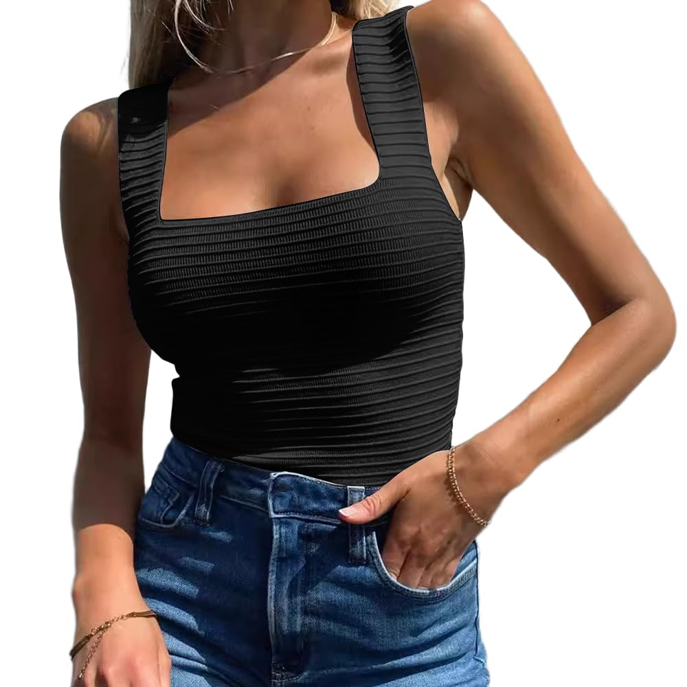 OFFSUM Camisole D'Été Pour Femme - Débardeur D'Été Sans Manches Col Carré Coupe Ajustée Tricoté Style Coréen Doux Léger Couleur Unie Fin Streetwear
