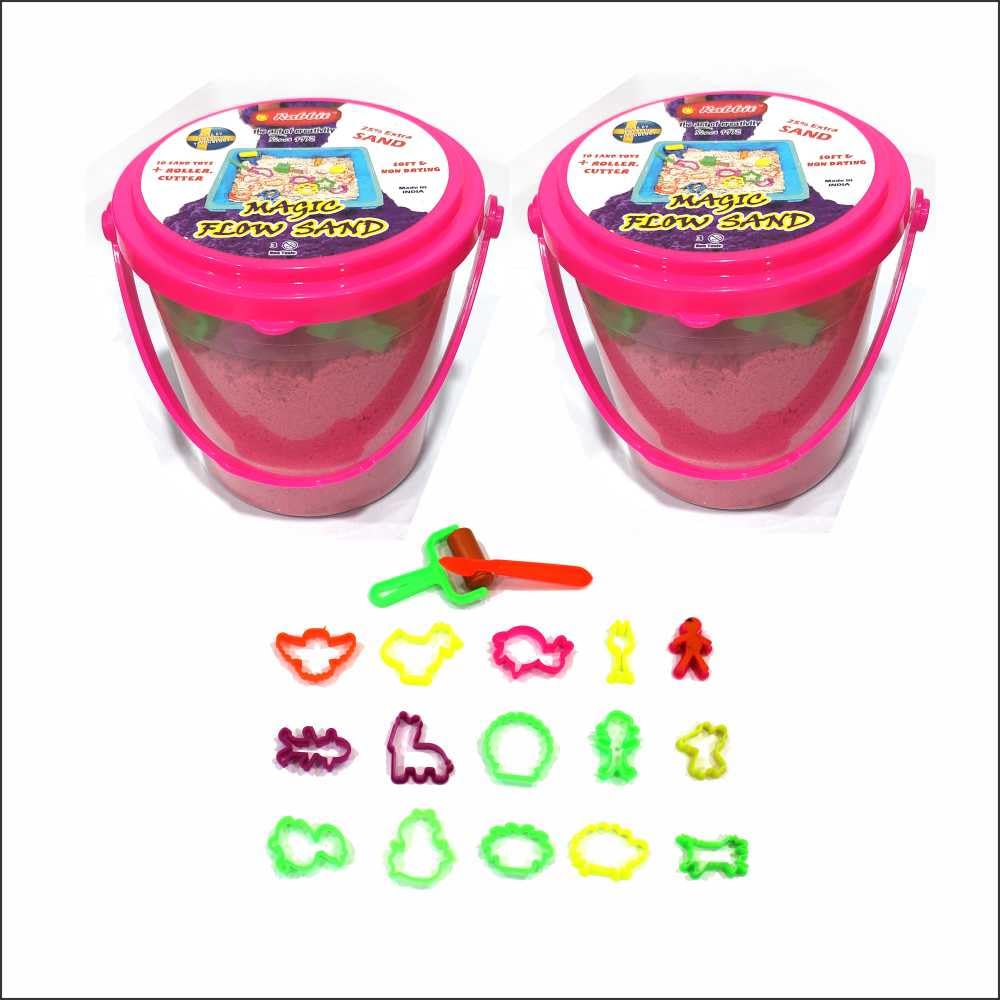 Rabbit Magic Flow 1KG Play Sand Bucket for Kids – Includes 20 Fun Moulds, Roller & Cutter | Soft, Mess-Free Sand for Creative Play & Sensory Fun | Age 5+ (Pink-Pink)
