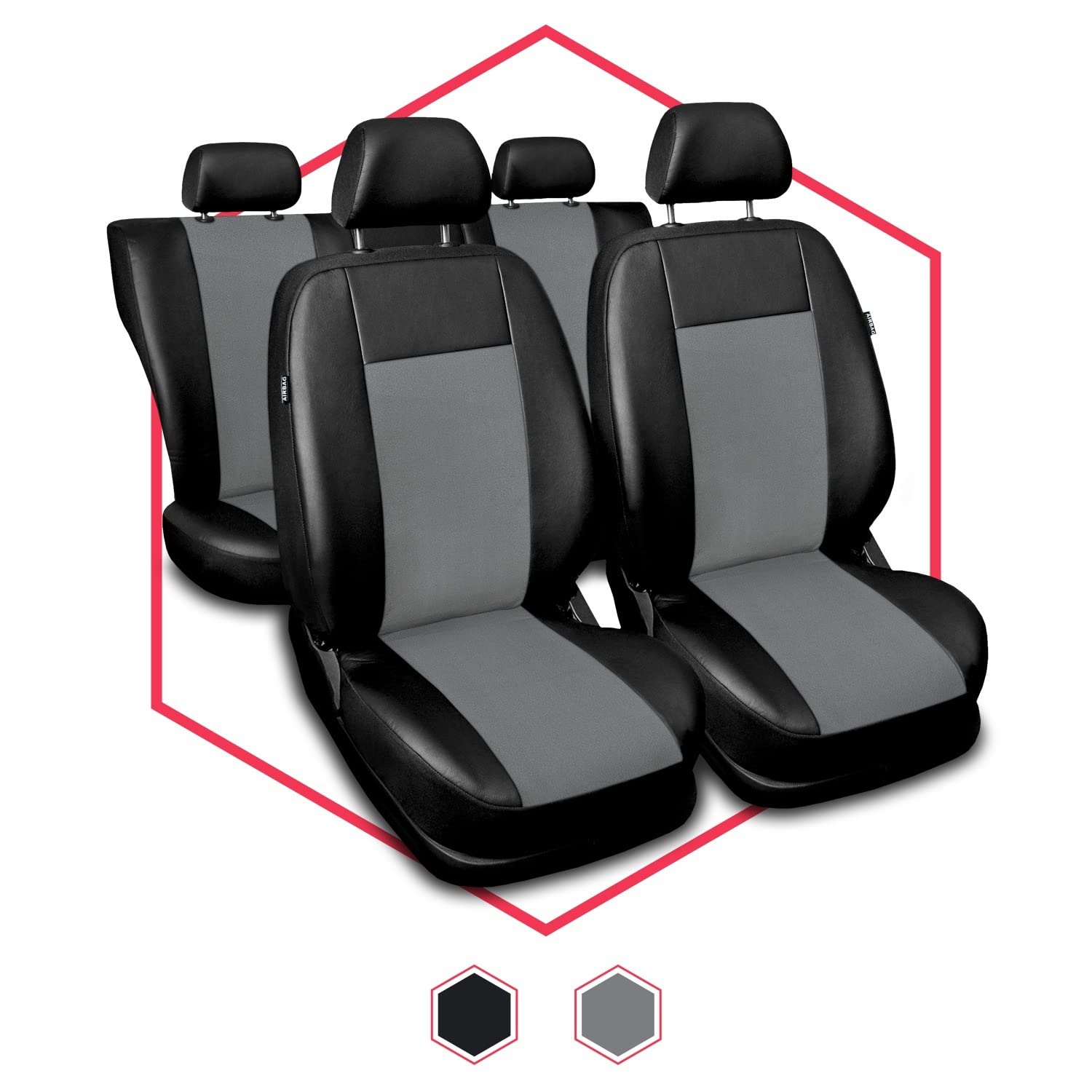 3er Set Saferide Autositzbezüge PKW universal | Auto Sitzbezüge Kunstleder Grau für Airbag geeignet | für Vordersitze und Rückbank | 1+1 Autositze vorne und 1 Sitzbank hinten teilbar 2 Reißverschlüsse