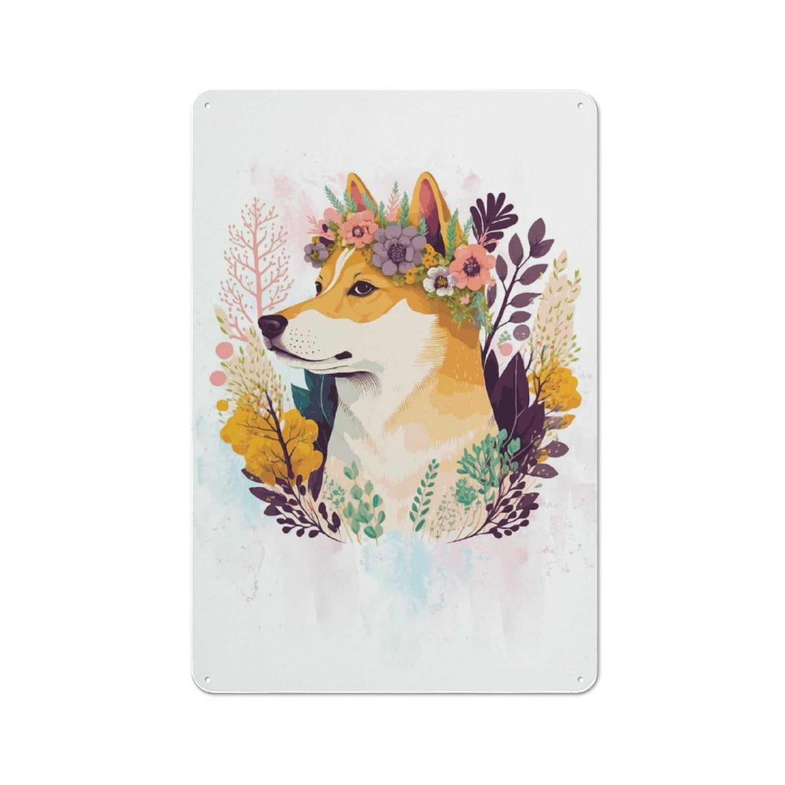 Junmoney Style-9 Floral Shiba Inu Dog Art Rustic Metal Sign 30X20cm For Café Or Restaurant, Suited To Café Owners And Decorators