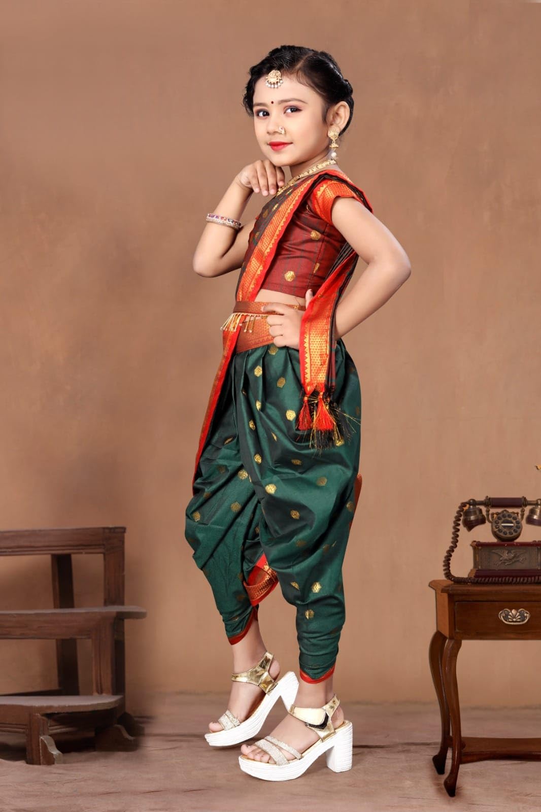 ASHMIKA This beautiful Ready to Wear Saree for Girls, with Dhoti Style that gives a perfect look to the outfit, Maharashtrian Traditional Saree, With stitch Blouse (4-5Year) (Dark Green) - Image 2 thumbnail