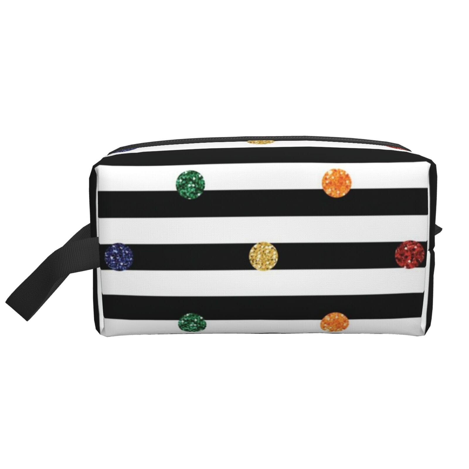 Ercgad Unisex White Rainbow Polka Dot Stripe Black And Print Large Capacity Travel Toiletry Bag Cosmetic Pouch Daily Storage Makeup Case