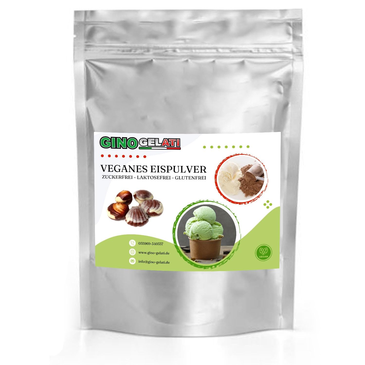 Gino Gelati Belgische Praline Schoko Eis 333 g Veganes Eis Pulver Zucker-, laktosefrei, schnelle und einfache Zubereitung, Made in Germany, Dessertmischung, für Laktoseintolerante