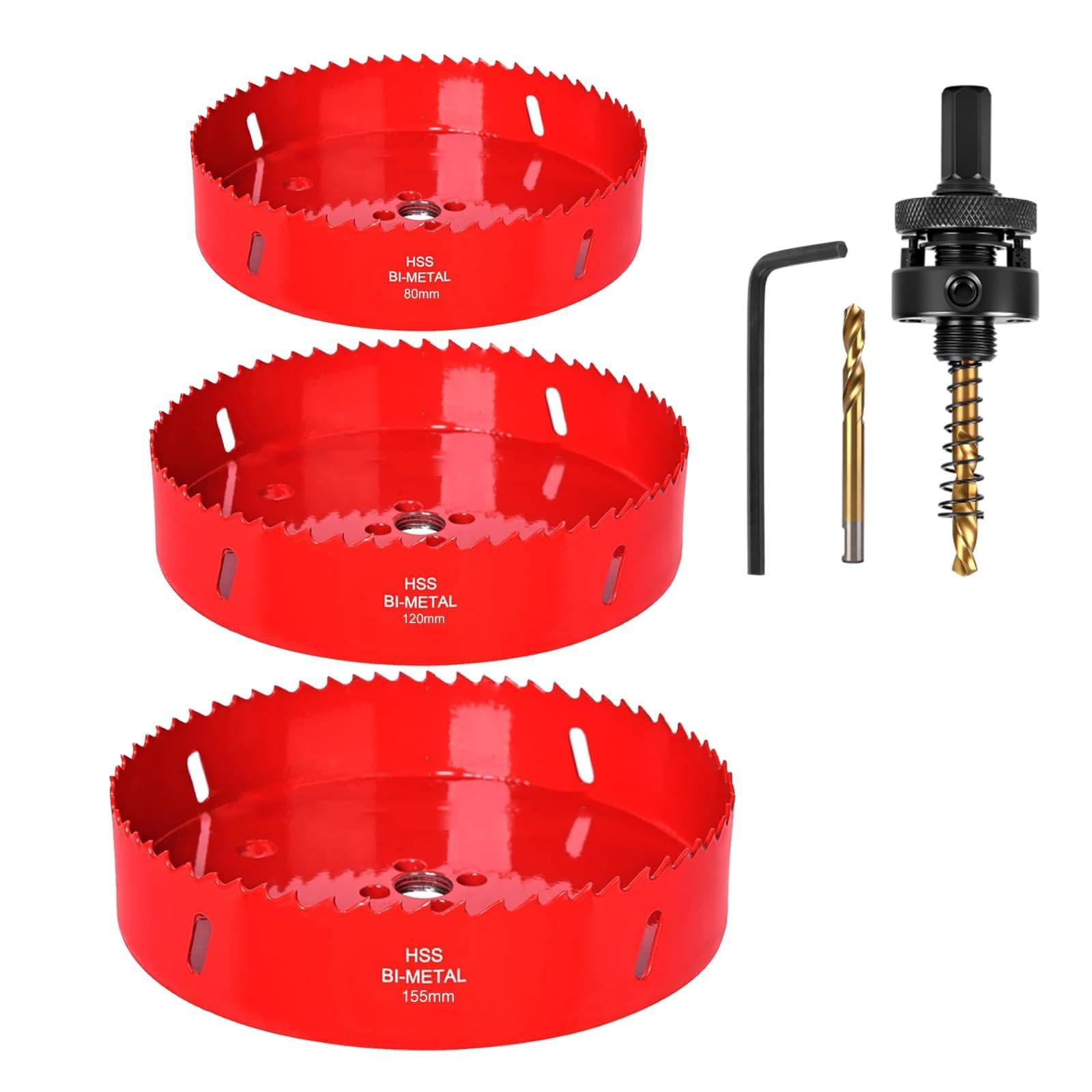 FreeTec Cortador de sierra perforadora de 80/120/155 mm para madera, 3 piezas bimetálicas con mandril mejorado, corte circular circular circular para madera, yeso, madera contrachapada, plástico