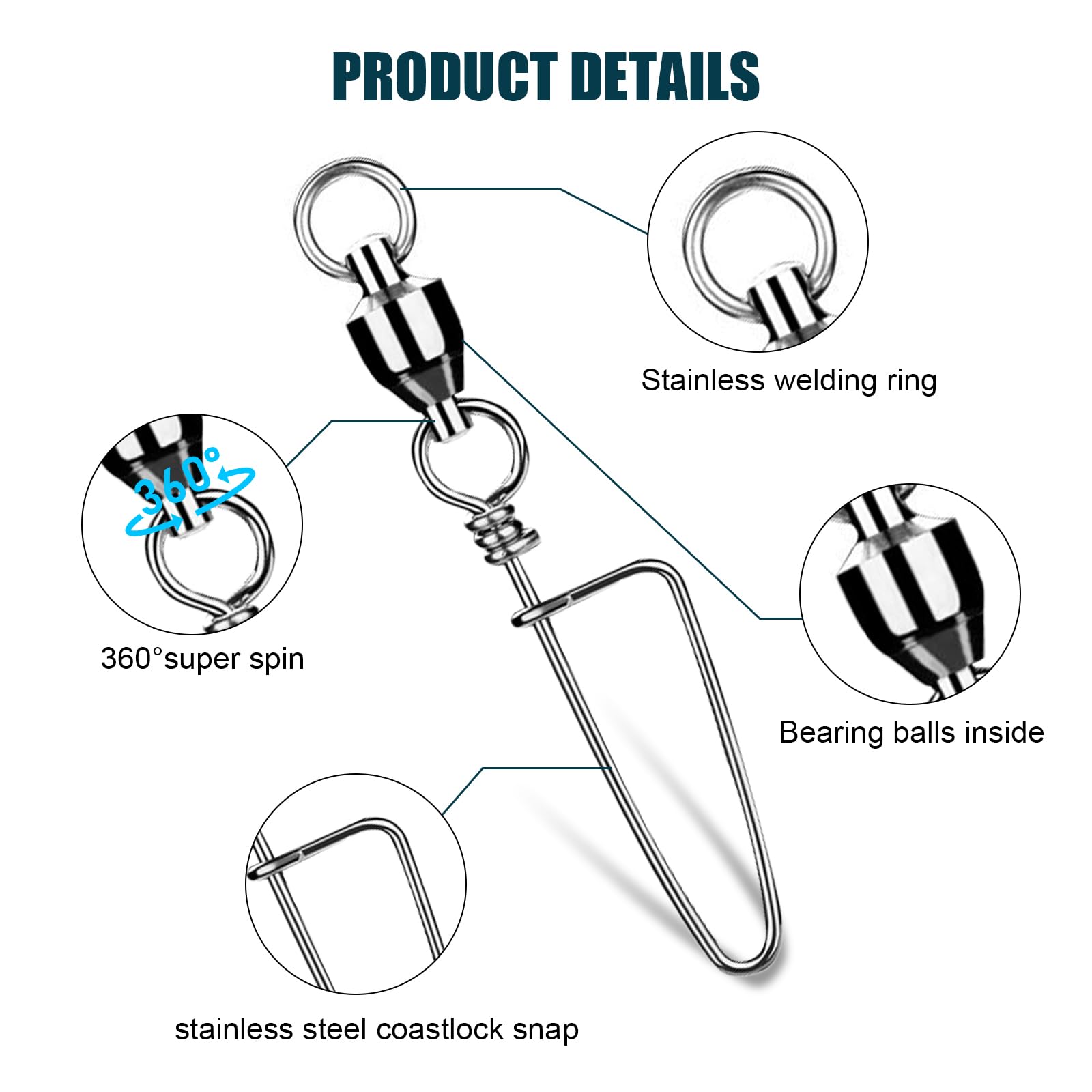 Girelle Da Pesca Con Snodo A Scatto - Con Cuscinetto A Sfera, In Acciaio Inox, Per Acqua Dolce E Salata - Foto 9