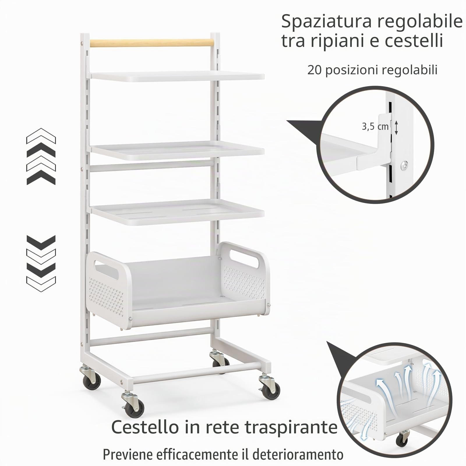 HOMASIS Carrello Portaoggetti con 3 Ripiani e un Cestino, Carrello con Ruote Portatutto Cucina, Carrellino Salvaspazio e Regolabile in Ferro e Legno, Portata 20kg, 35,5 x 29 x 84,5 cm, Bianco