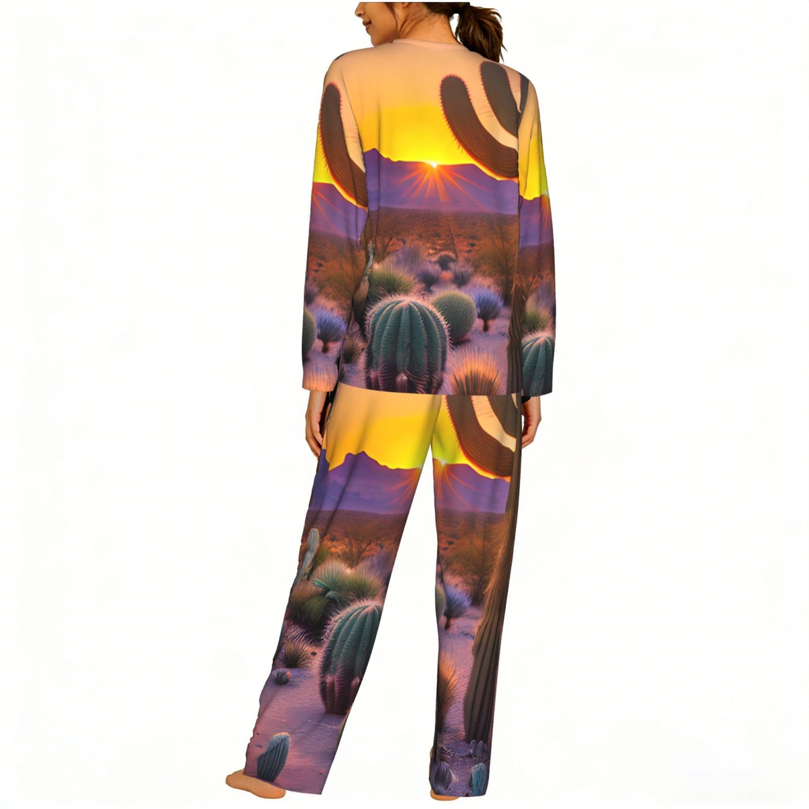 Pigiama da donna a maniche lunghe con stampa di cactus deserto tramonti morbido pigiama da spiaggia vacanza da notte regalo casual