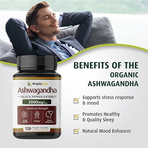 Miniatura 5 de Ashwagandha Cápsulas 3,000 mg - 120 cápsulas veganas hechas con polvo de Ashwagandha orgánico y extracto de raíz. Sin gluten. Fabricado en Estados