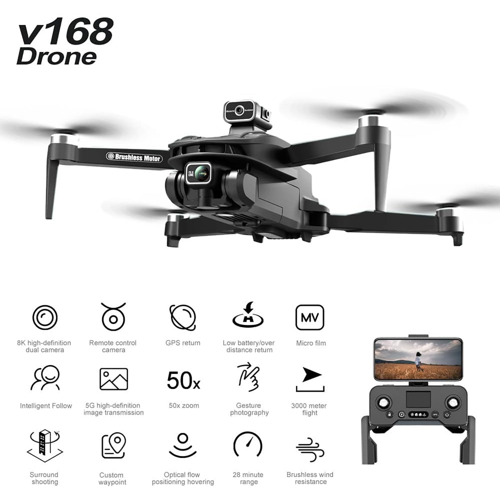 V168 GPS Mini Dron z kamerą dla dorosłych, 4K FPV Drone, podążaj za mną, daleki zasięg, zawis, transmisja 5G Latające zabawki dla początkujących 90 minut lotu z 3 bateriami