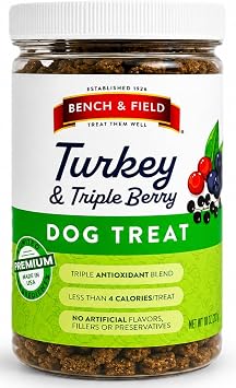 Bench & Field Holistic Natural Turkey & Triple Berry Dog Treats | Crunchy Bone-Shaped Bites | Antioxidant Blend, 10-Ounce Bottle