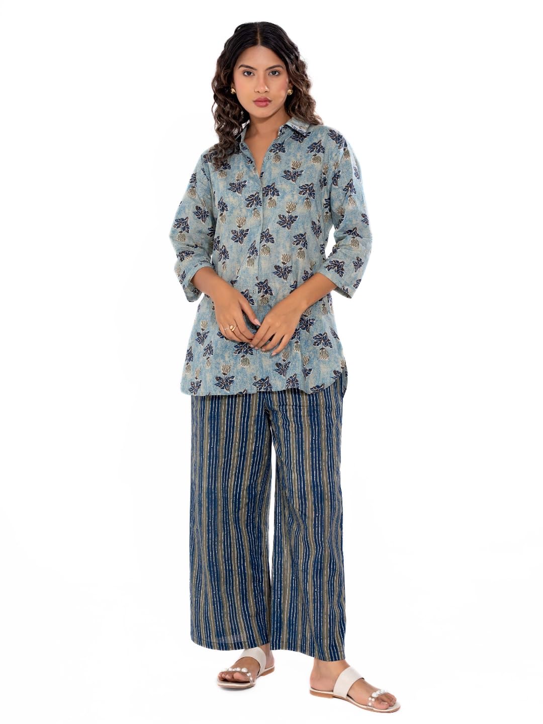 feathers closet Blue Mist Pure Cotton Collar Shirt Co-ord Set | Cord's Sets | Sleepwear | Nightwear | Loungewear | Pant Set for Women's-picture-18
