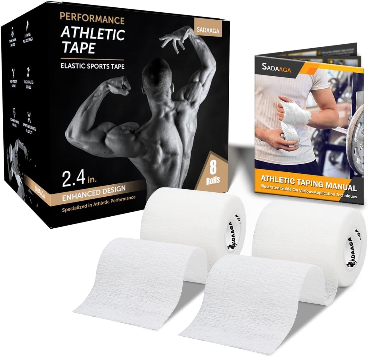 Athletic Tape, Elastic Sports Tape, Thumb Finger Grip Tape, Lifting, Wrist Tape Wrap for Strength Training, Powerlifting Weightlifting, Climbing, Crossfit and Workout (2.4 in, White, 8 Rolls)