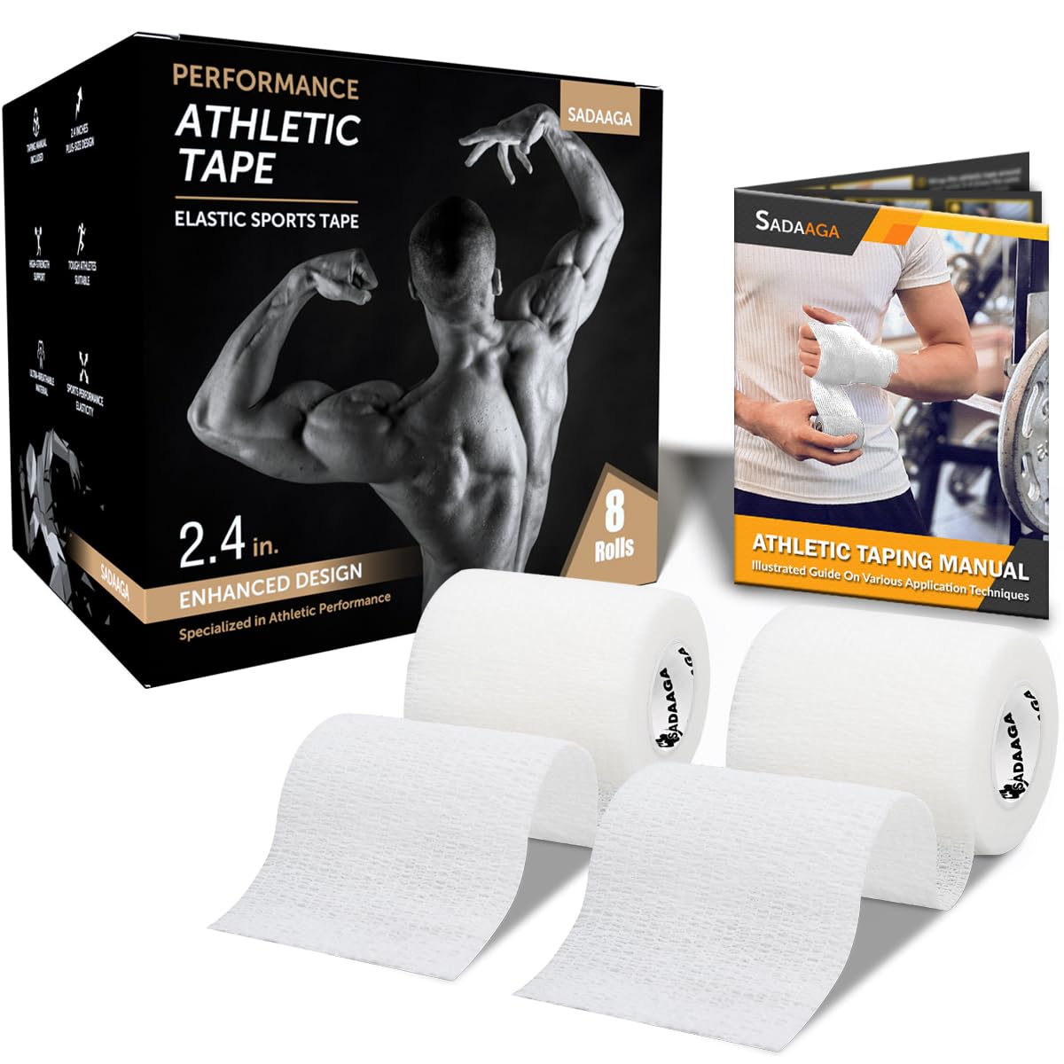 Athletic Tape, Elastic Sports Tape, Thumb Finger Grip Tape, Lifting, Wrist Tape Wrap for Strength Training, Powerlifting Weightlifting, Climbing, Crossfit and Workout (2.4 in, White, 8 Rolls)