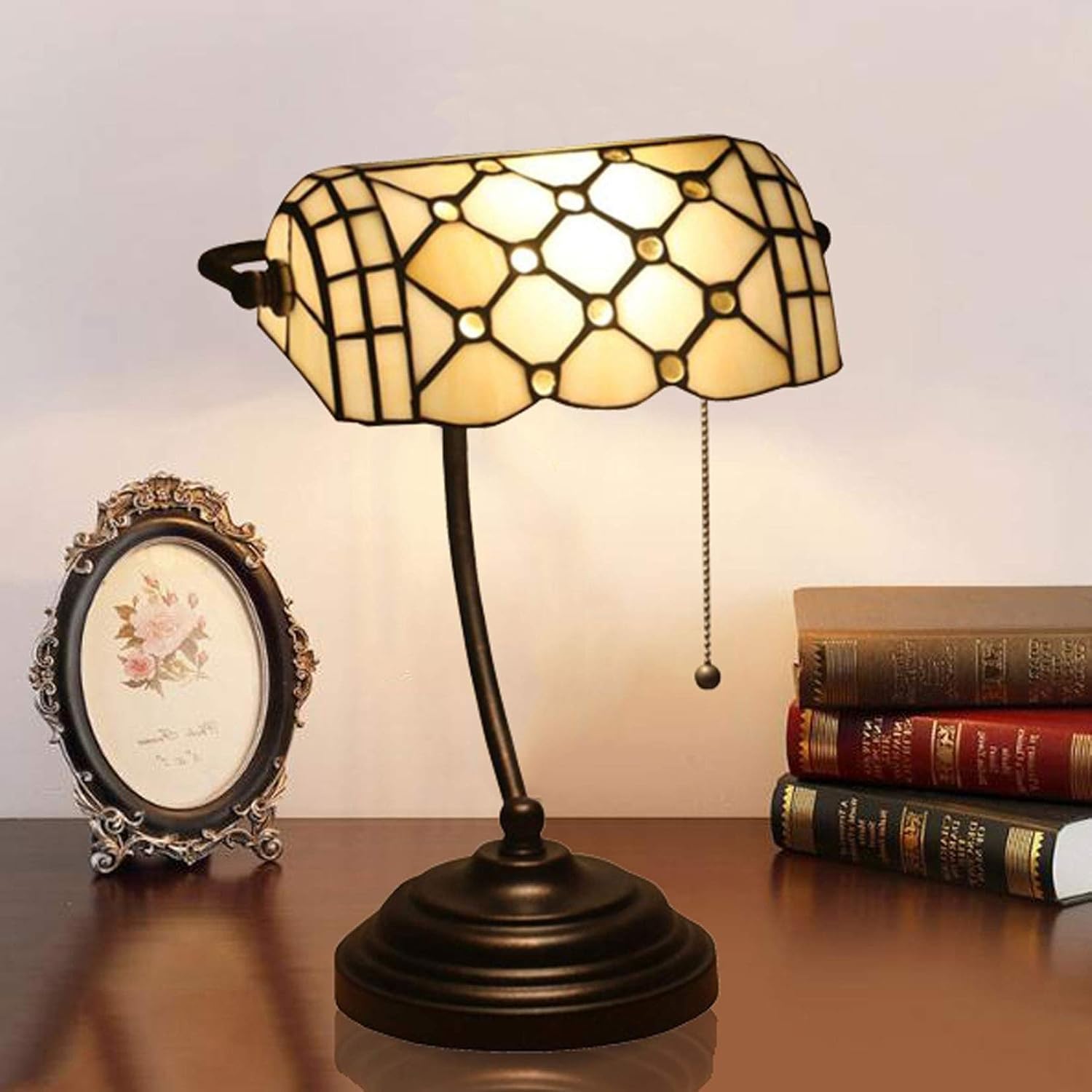 DFAEEKIYO Banker Lamp Tiffany Style Table Bead Stained Glass Lampshade Desk Lamps(Yellow)