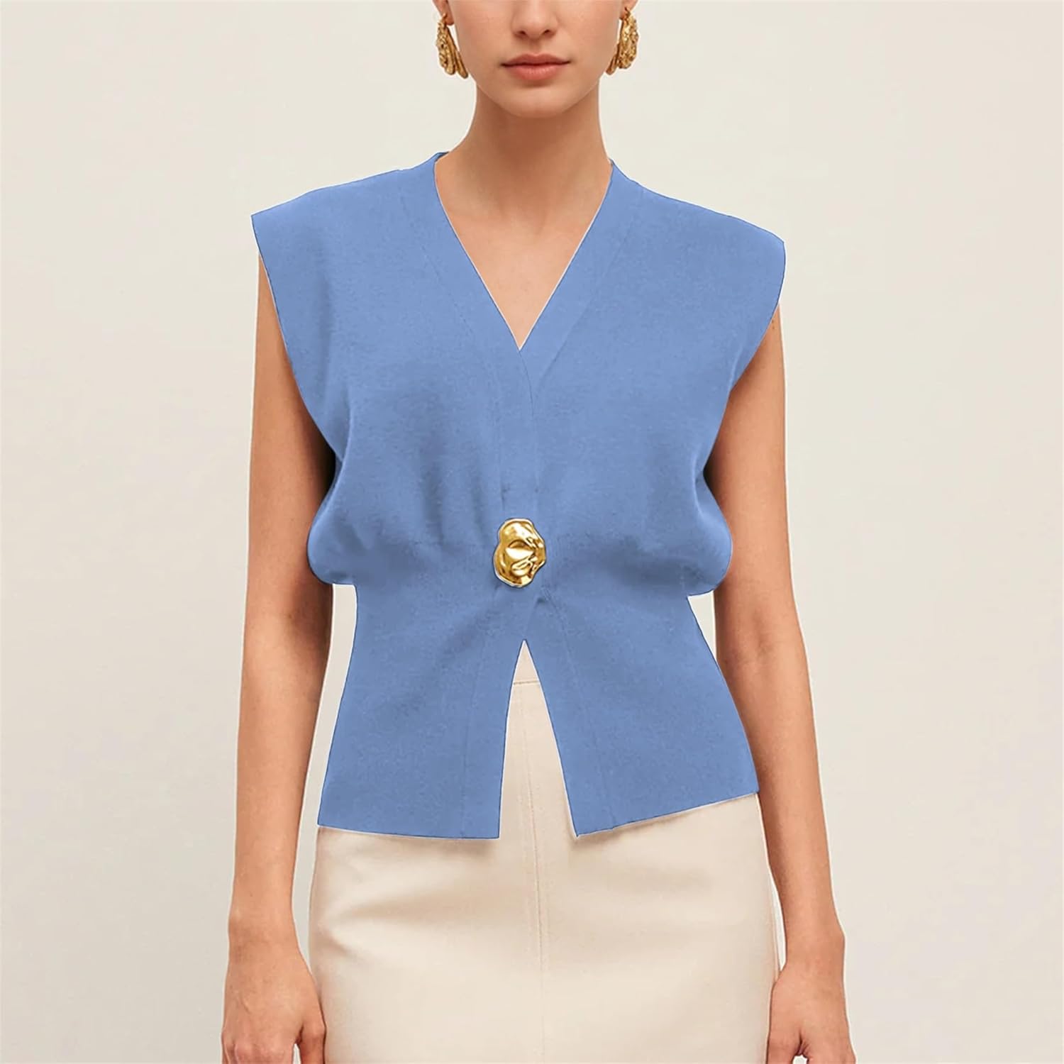 Womens Sleeveless Sweater Vest Deep V Neck Button Down Waist Cinched Knit Trendy Solid Pullover Tank Tops - Image 3