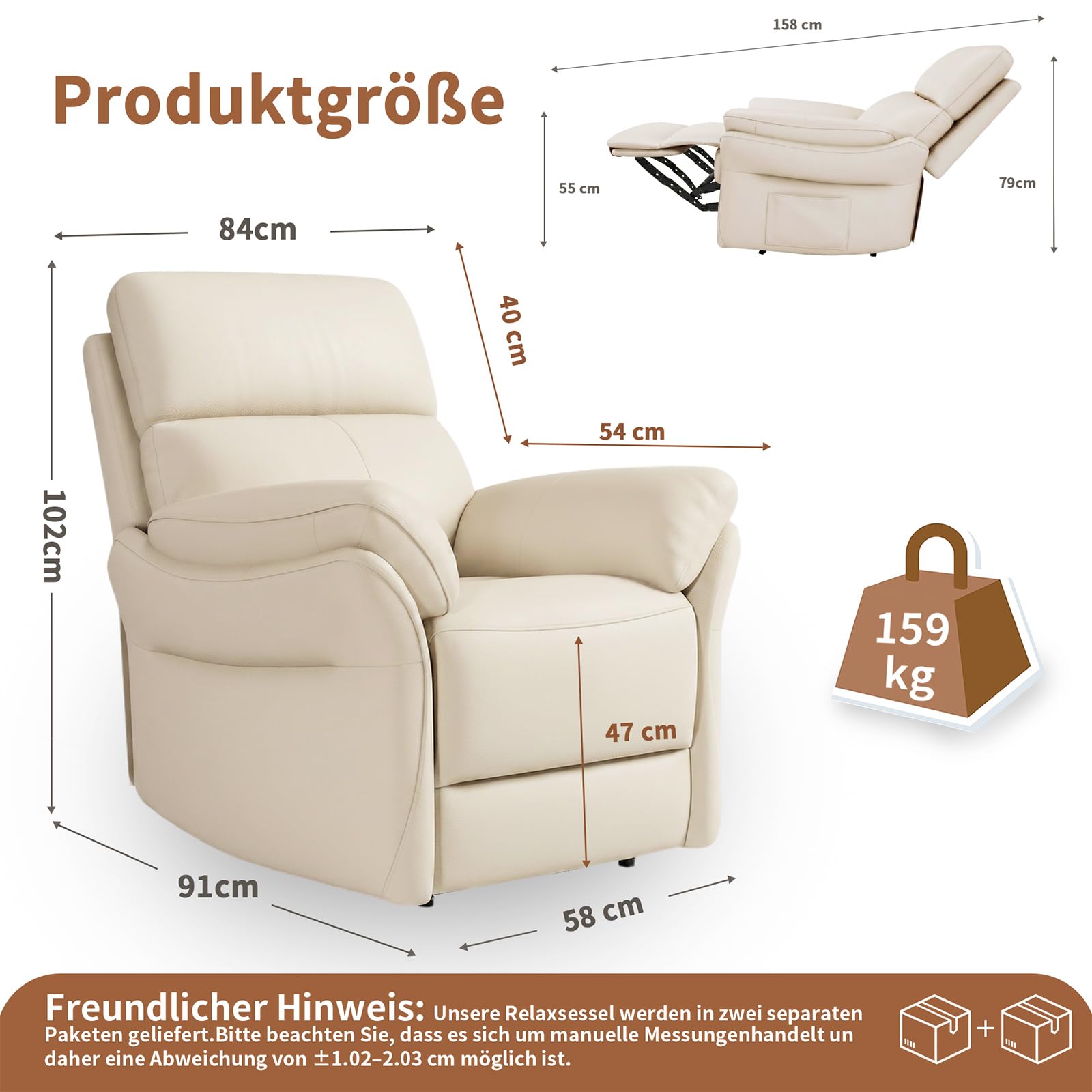 AIRSKY Relaxsessel Echtleder Fernsehsessel mit Liegefunktion Kinosessel Nickerchen Seniorensessel TV Sessel mit Schlaffunktion Manuell Verstellbar Liegesessel für Wohnzimmer Schlafzimmer,Beige