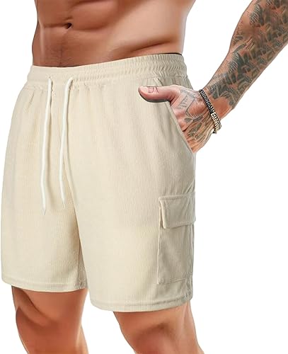 Mens Cargo Shorts Gym Big and Tall Knee Length Elastic Waist Drawstring Moisture