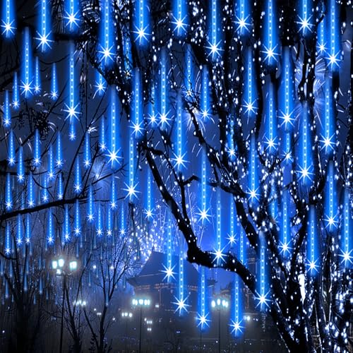 ZPQBEYE Christmas Lights Outdoor Meteor Shower Lights 24-Tube 576LEDs Snow Falling Rain Cascading Icicle Light for Xmas Tree Christmas Decorations Wedding Party Holiday Garden Decor, UL Plug Blue