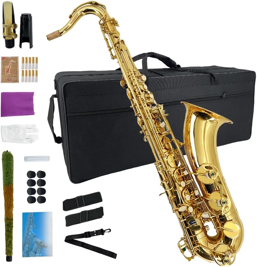 Bb Tenor Saxophone, Gold Lacquer with Carrying Case,Mouthpiece,Reeds,Cleaning Kit,B Flat Tenor Sax for Beginners, Students and Musicians