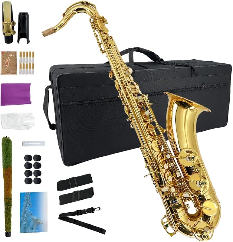 Tenor Saxophone B Flat, Gold Lacquer with Carrying Case,Mouthpiece,Reeds,Cleaning Kit, Tenor Sax for Beginners, Students and Musicians