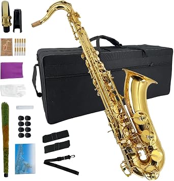 Bb Tenor Saxophone, Gold Lacquer with Carrying Case,Mouthpiece,Reeds,Cleaning Kit,B Flat Tenor Sax for Beginners, Students and Musicians