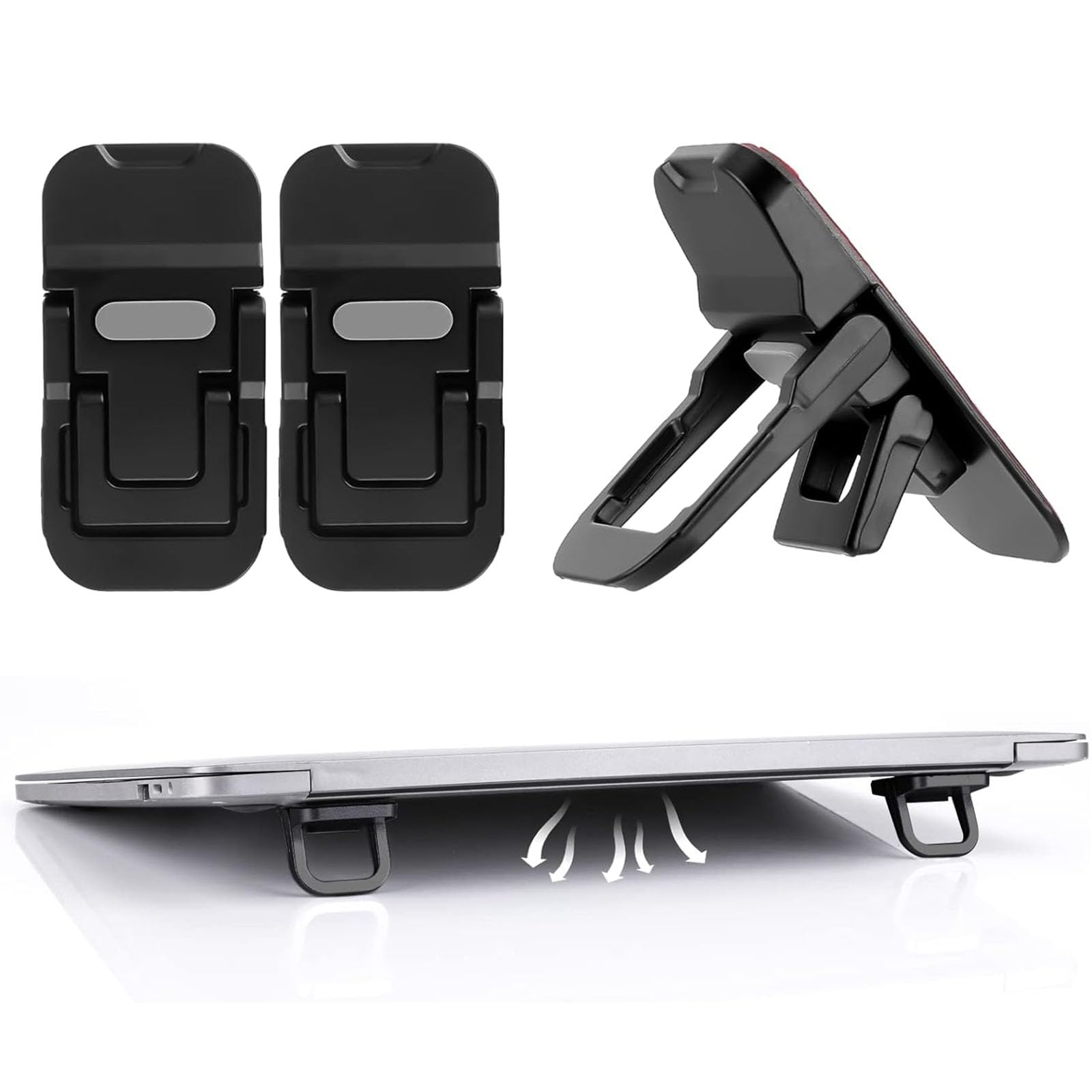 2PCS Portable Keyboard Riser, Self-Adhesive Mini Laptop Stand Invisible Computer Keyboard Stand for Desk, Foldable Laptop Feet with Anti-slip Silicone (Black)