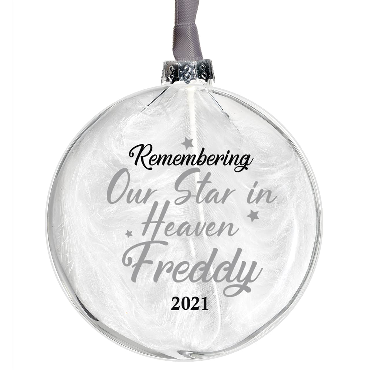 Personalised Memorial Bauble Glass In 10 Colours Filled With White Feather Remembering Our Star in Heaven Glass Christmas Tree Decoration (Silver)