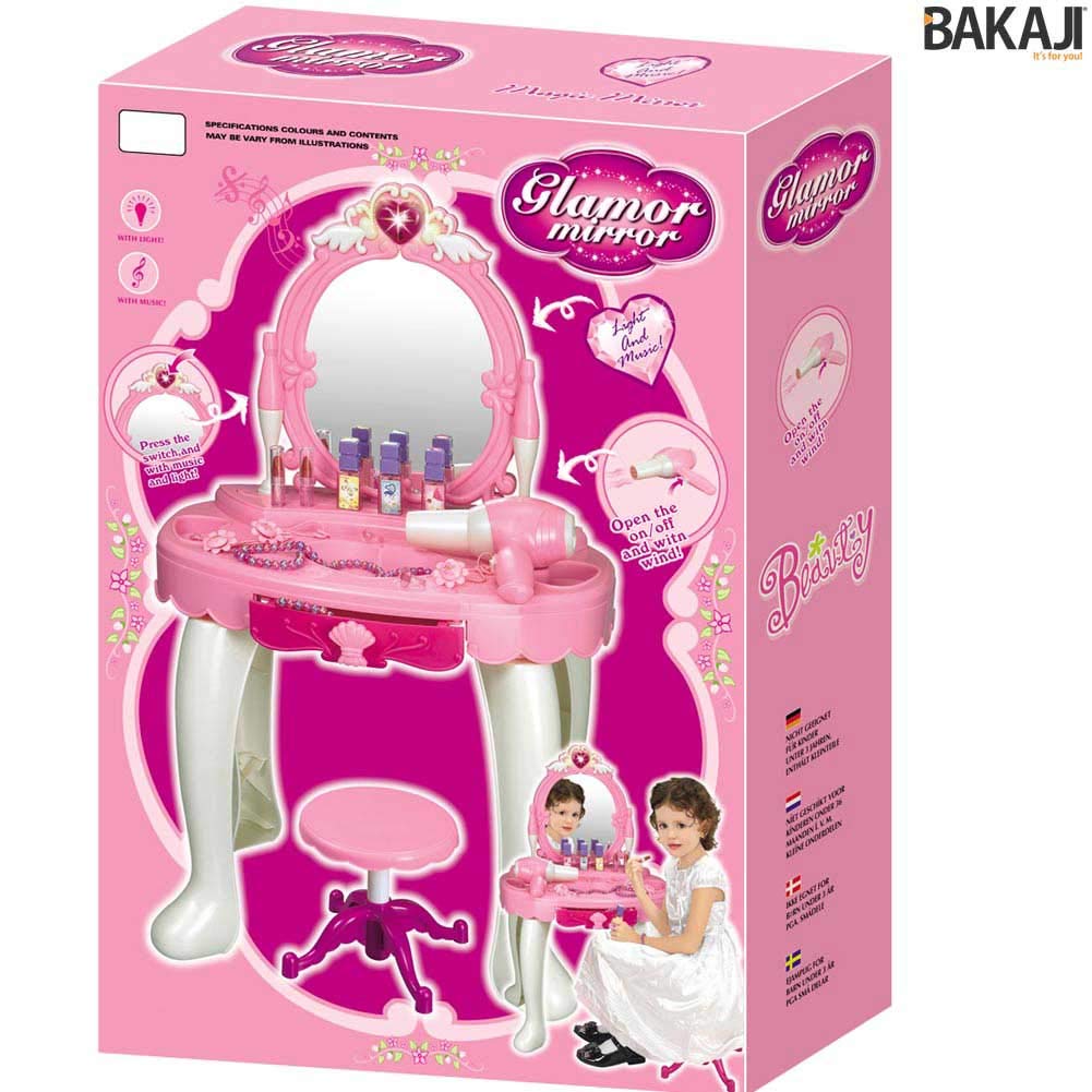 BAKAJI Specchiera da tavolo Make-Up Giocattolo per Bambini Toeletta Ballerina con Sgabello Luci Suoni Asciugacapelli Funzionante a Batteria e Accessori Gioco Dimensione 45 x 32 x 72 cm