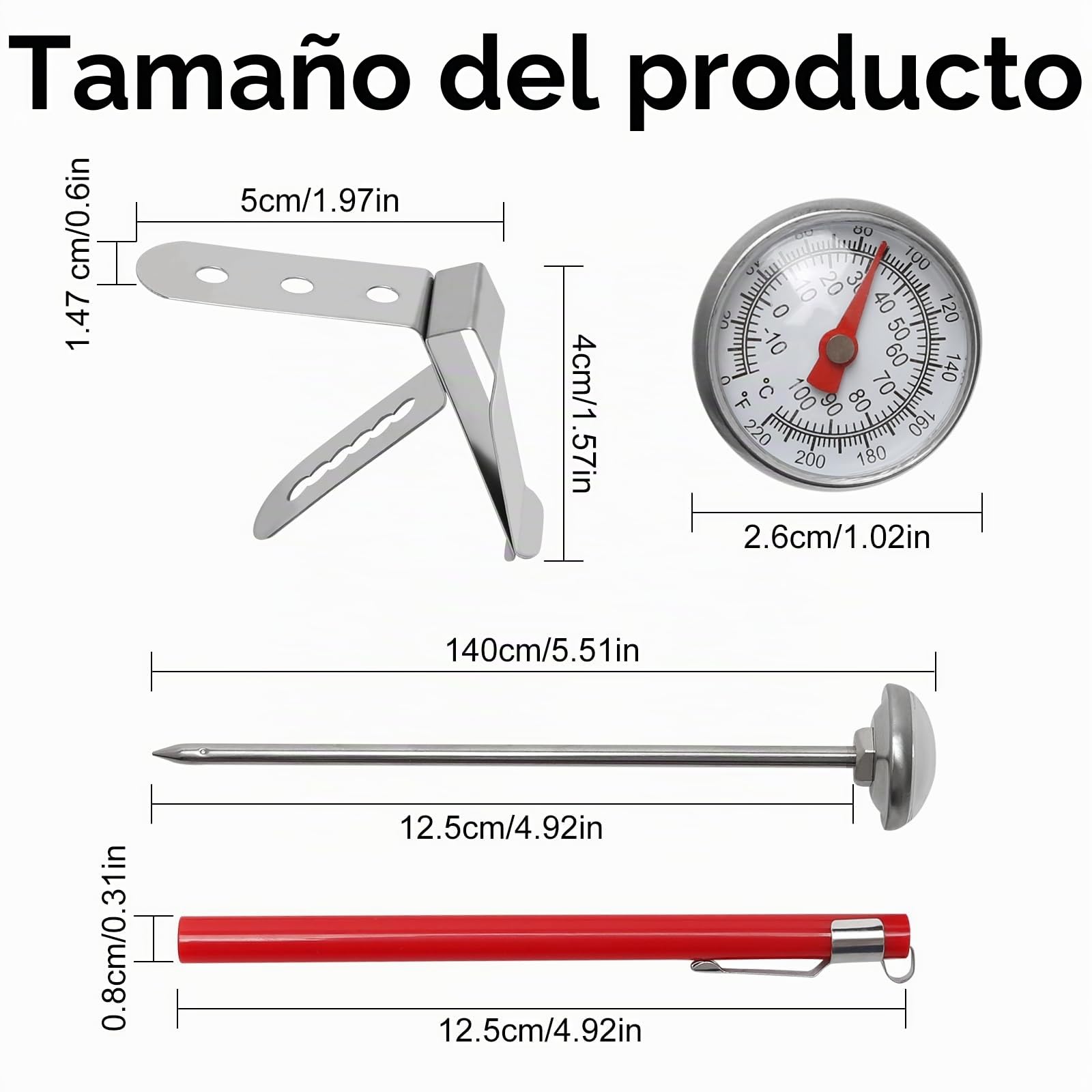 Termómetro analógico para carne de 120 cm, de acero inoxidable con sonda larga y clip, para leche Barista, asar, cocina, líquidos