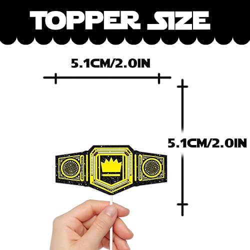 Miniatura 2 de 18 piezas de anillo de campeonato con purpurina dorada para postre para cupcakes, cinturón de lucha libre, suministros de decoración temática