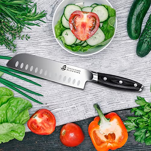 Image of Santoku Chef Knife - TUO 7 inch Kitchen Knives Ultra Sharp Asian Knife Japanese Chefs Knives - German HC Steel - Full Tang Pakkawood Handle - BLACK HAWK SERIES