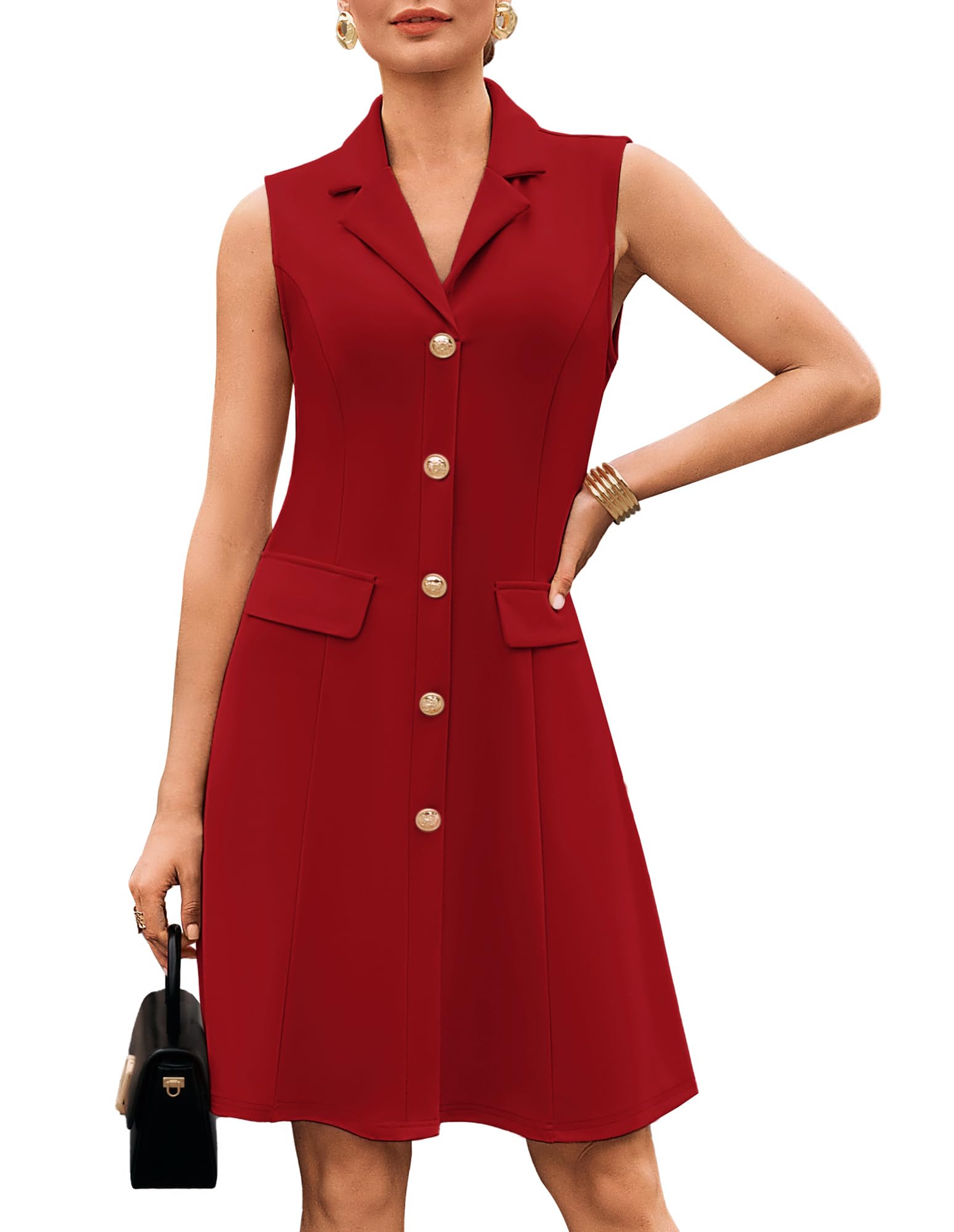 GRACE KARIN Vestidos elegantes sin mangas para mujer, cuello de solapa, color sólido, acampanado, vestidos formales casuales