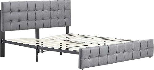 Miniatura 5 de Anwick Moderna cama de plataforma tapizada con cabecera ajustable, marco de cama tamaño King, marco de cama de tela tecnológica con botones