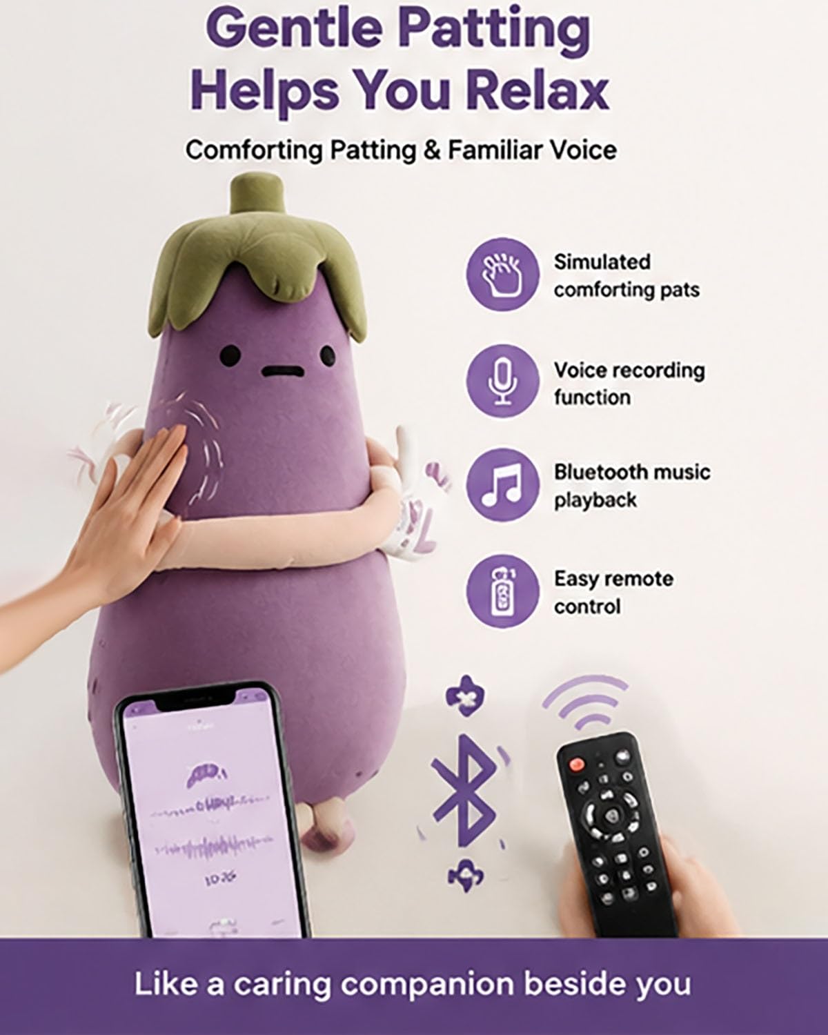 Auberginen-/Mango-Umarmungskissen, Bluetooth-Sprachaufzeichnung, intelligenter Schlafpartner for Erwachsene, for Stressabbau und for den Zufluchtsort zu Hause, Aubergine(Purple Tapping Model,S)