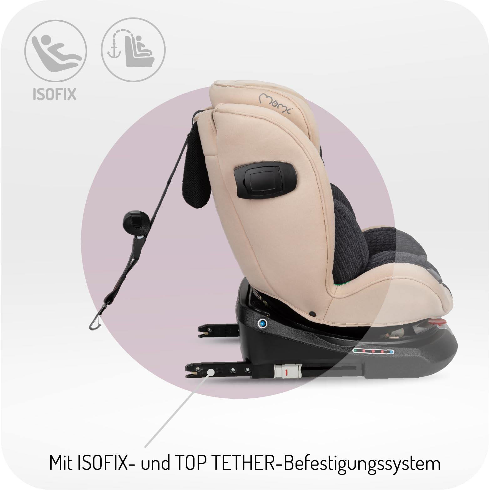 MoMi Autositz für Kinder EMI 0-12 Jahre (Gruppe 0+, 1, 2, 3, 3, Kinder bis 36 kg, 40 bis 150 cm), 360° drehbar, Einbau rückwärts: bis 18 kg, vorwärts: ab 18 kg, Befestigung mit ISOFIX und Top-Tether