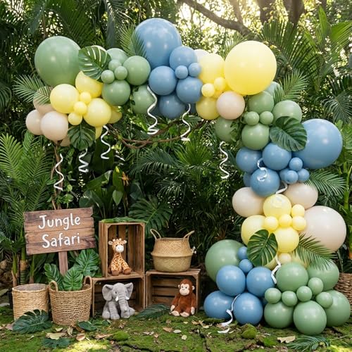 Image of RUBFAC Sage Green Dusty Blue Yellow Balloons, Party Balloon Pastel Yellow for Theme Baby Shower Decorations Birthday Wedding Party Supplies, 65pcs 12 Inches