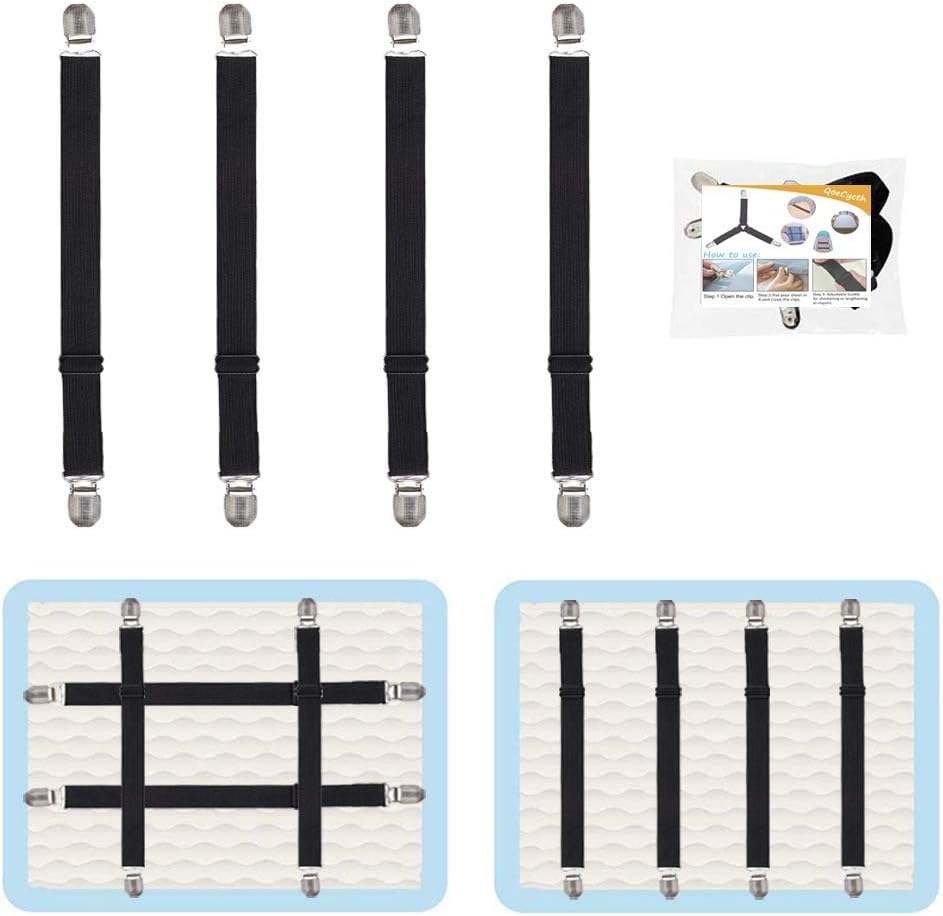 4Pcs Adjustable Bed Sheet Straps Clips, Elastic Mattress Sheet Fasteners Holder and Suspenders, Grippers to Hold Sheet, Mattress, Sofa, Couch, Table Cloth, Recliner Ironing Board Cover and More