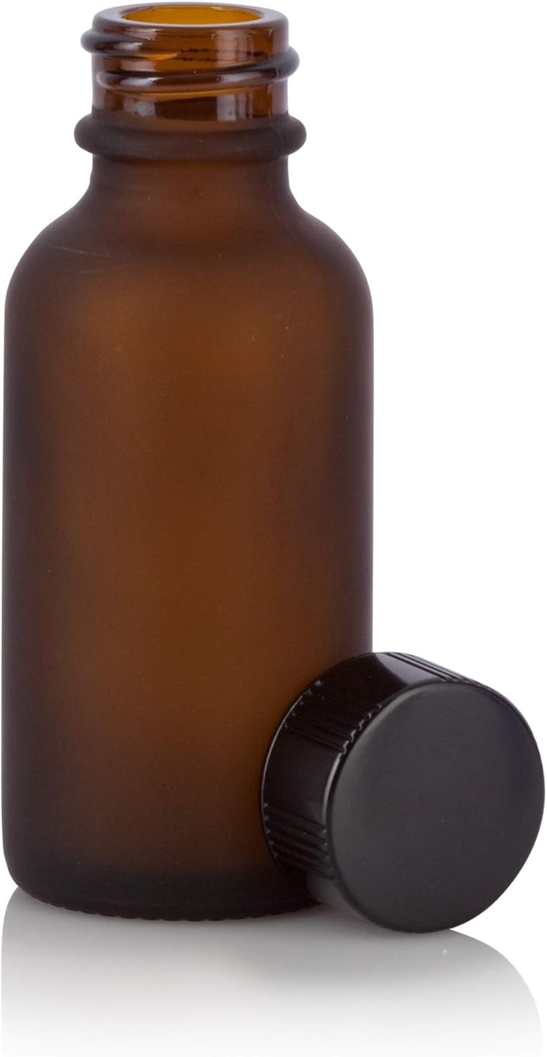 JUVITUS 1 oz / 30 ml Frosted Amber Glass Boston Round Bottle with Airtight Phenolic Cap (24 Pack) + Funnel