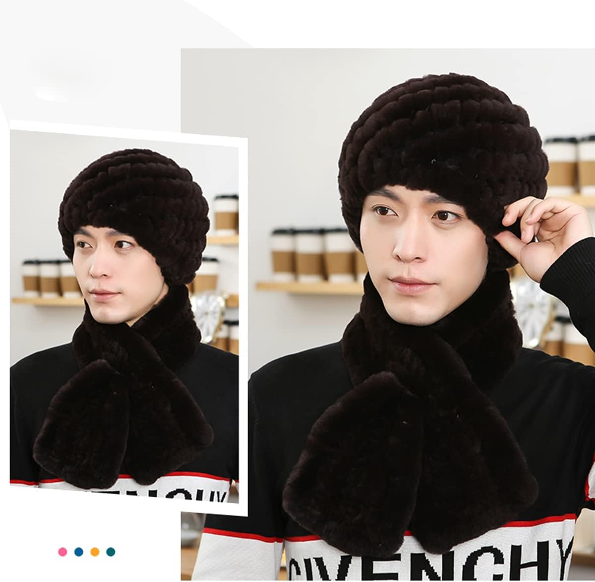 2PCs Men Winter Hat&Scarf Real Rex Rabbit Hair Knitted Cap Skiing Skullies Beanies Neck Warmer Outdoor