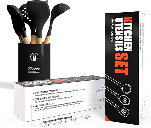 Miniatura 9 de Juego de utensilios de cocina de silicona, 14 piezas, resistente al calor de 446 F, pinzas giratorias, espátula, cuchara, cepillo, batidor, mango de