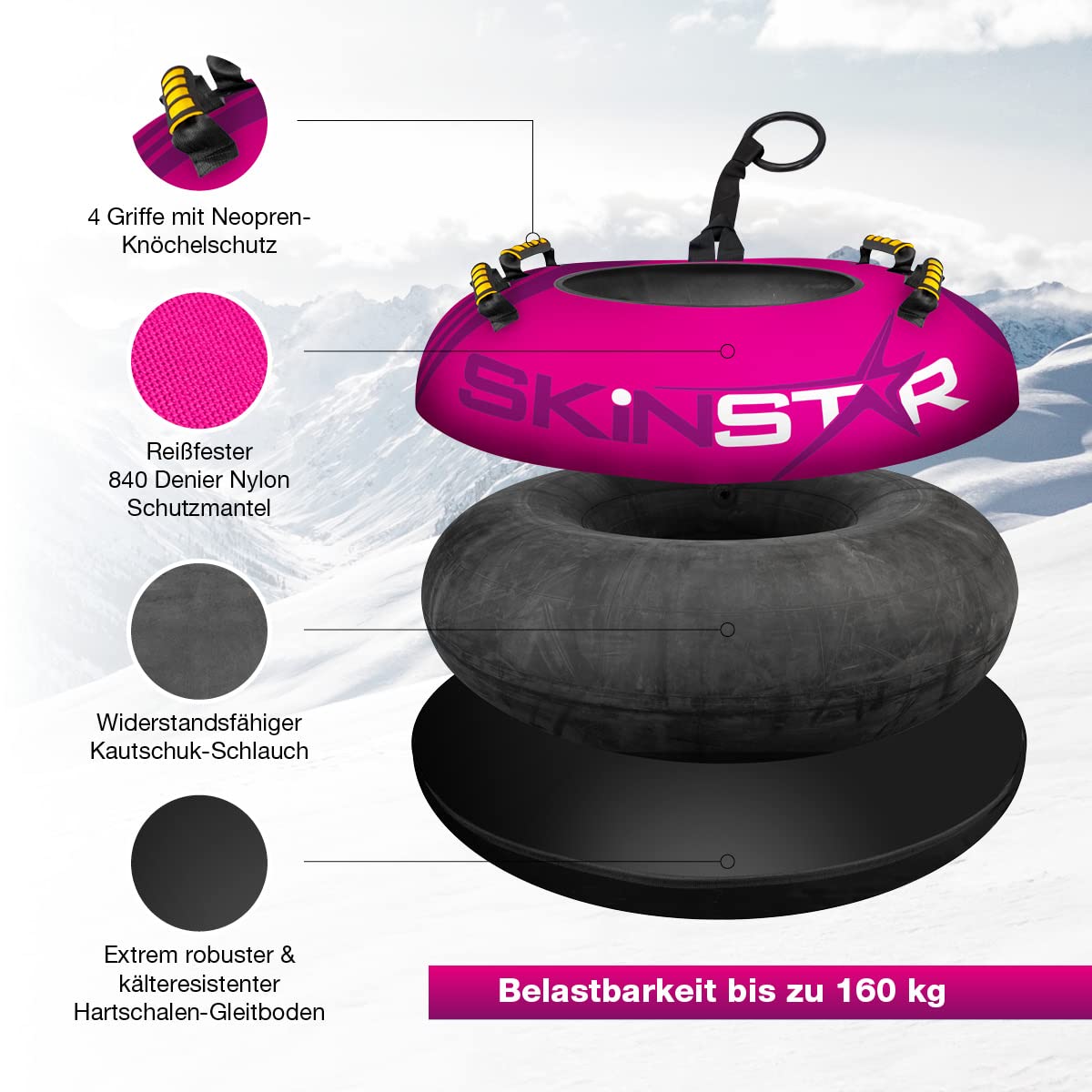 SkinStar Aufblasbare Schlitten Snow Tube Schlitten Bob Rodel Reifen Schneereifen Snowtube mit Griffen Ø100cm pink